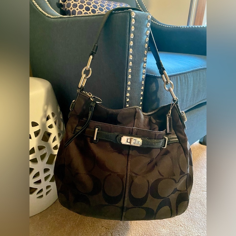 COACH Black “C” signature logo cloth shoulder bag, zip top, silver hardware